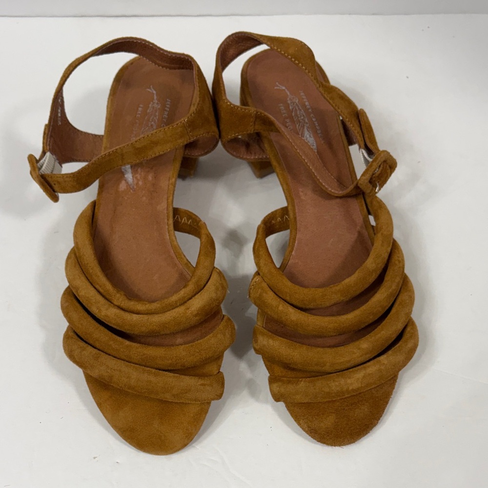 Jeffrey Campbell "Clementine" strappy block heel sandals in camel brown suede